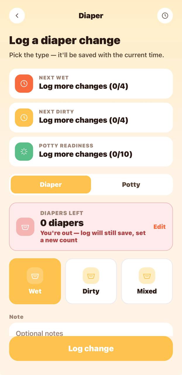 Diaper screen with predictions and stock counter
